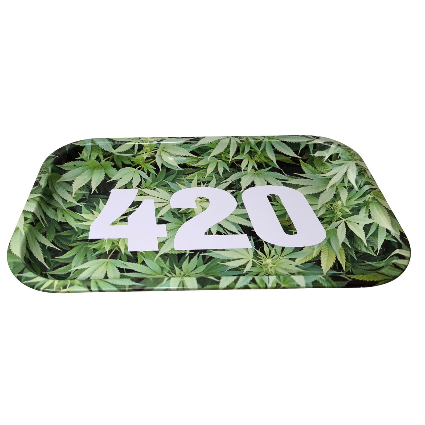 Green 420 Rolling Tray 27 × 16 cm – Metall Drehunterlage mit Hanf-Design
