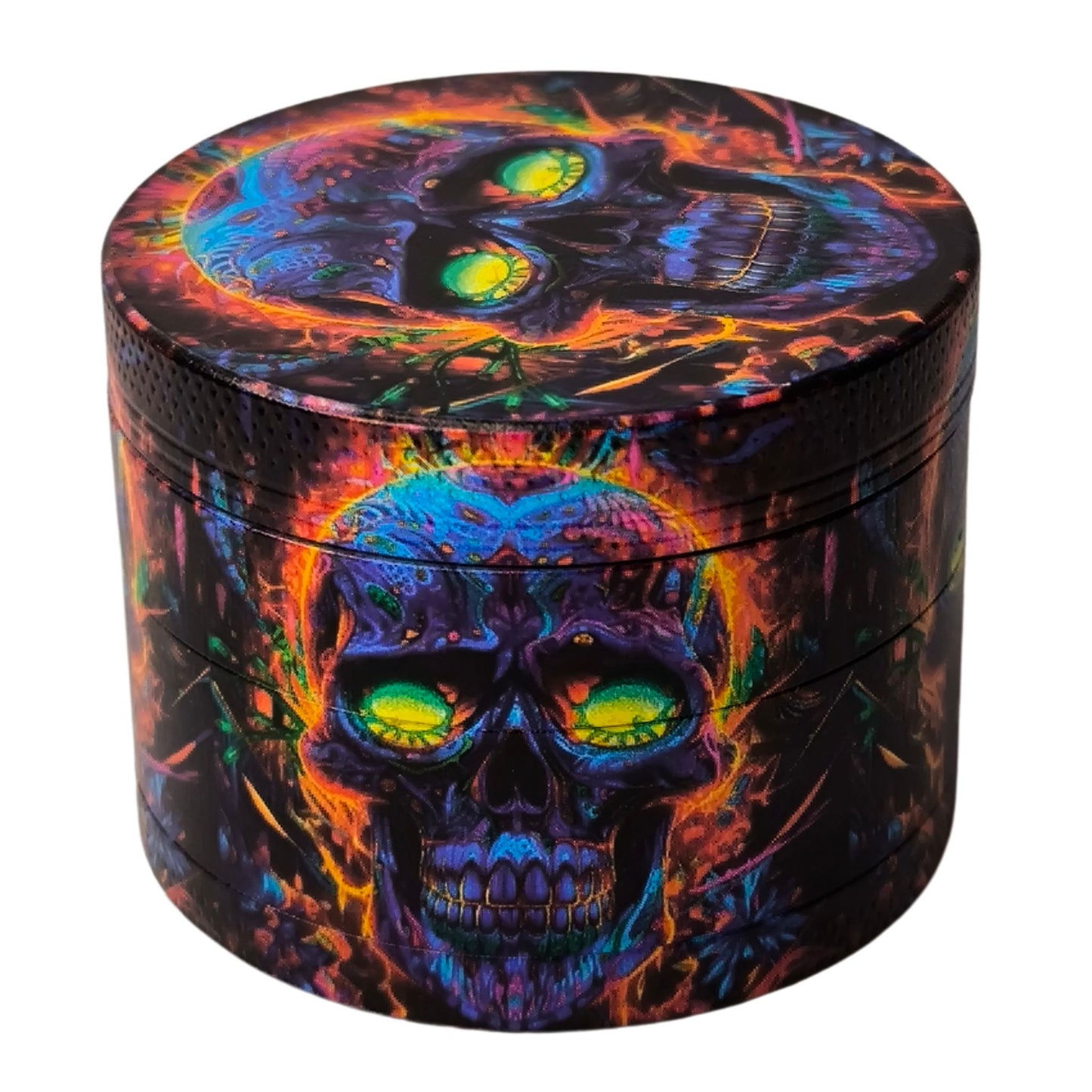 Grinder 'Hell' 50mm mit neonfarbenem Totenkopf-Design und scharfen Schneidezähnen für müheloses Zerkleinern.