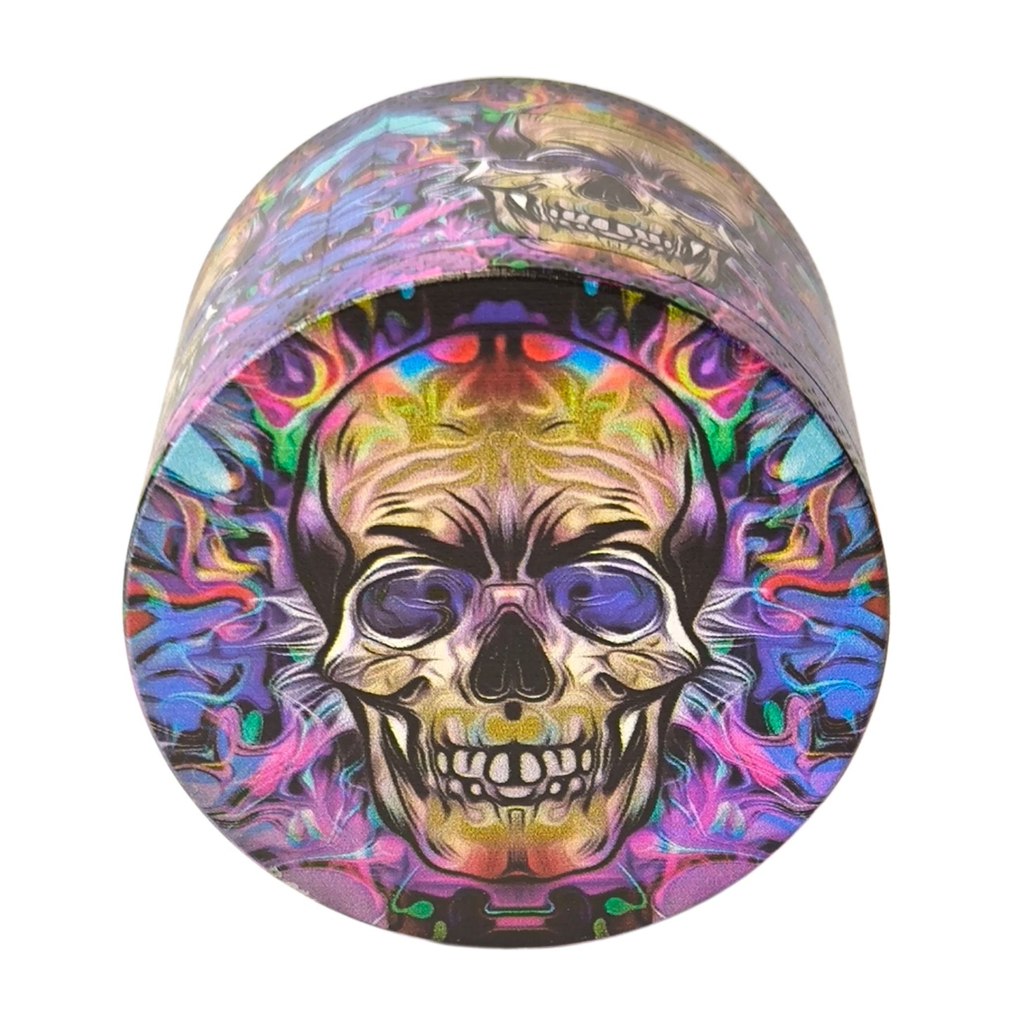 Totenkopf-Grinder von oben: Psychedelisches Design mit buntem Totenkopf-Motiv, auffällige Farben & hochwertiges Finish.