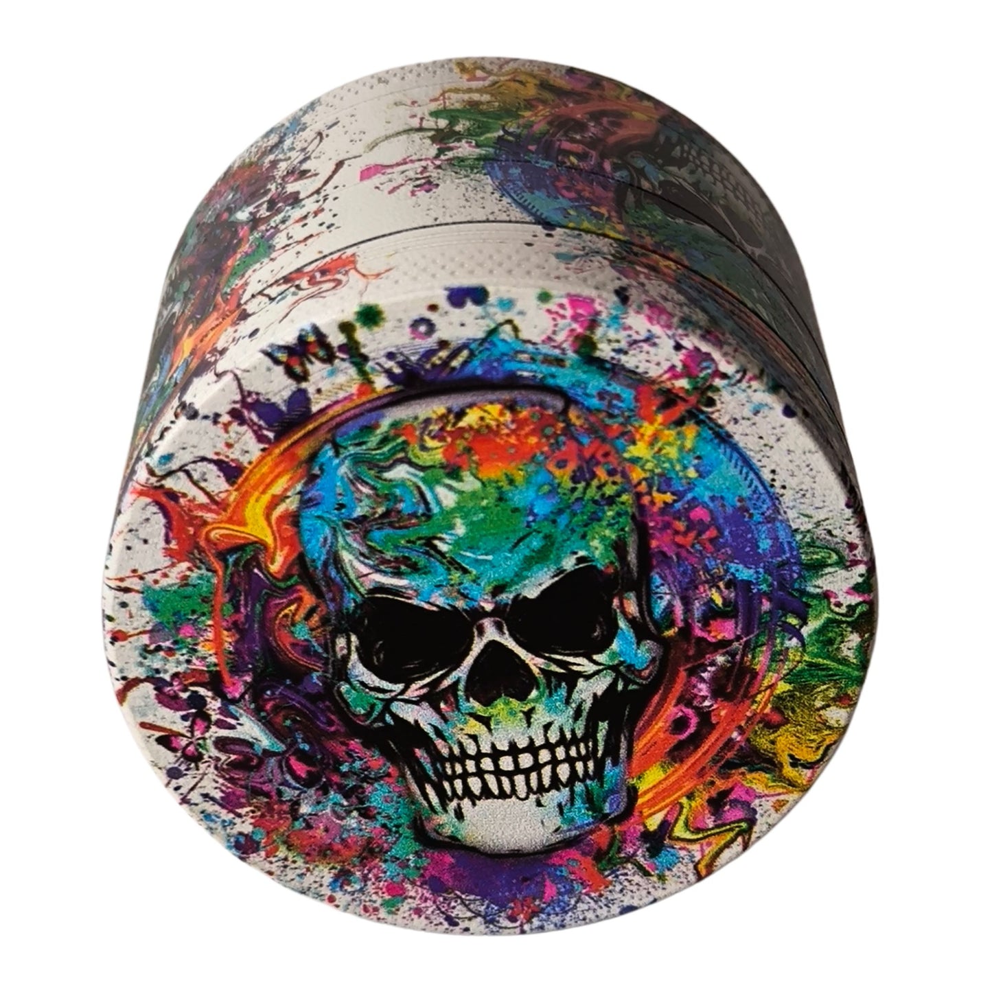 Totenkopf-Grinder von oben: Buntes, auffälliges Design mit Skull-Motiv, hochwertige Verarbeitung.