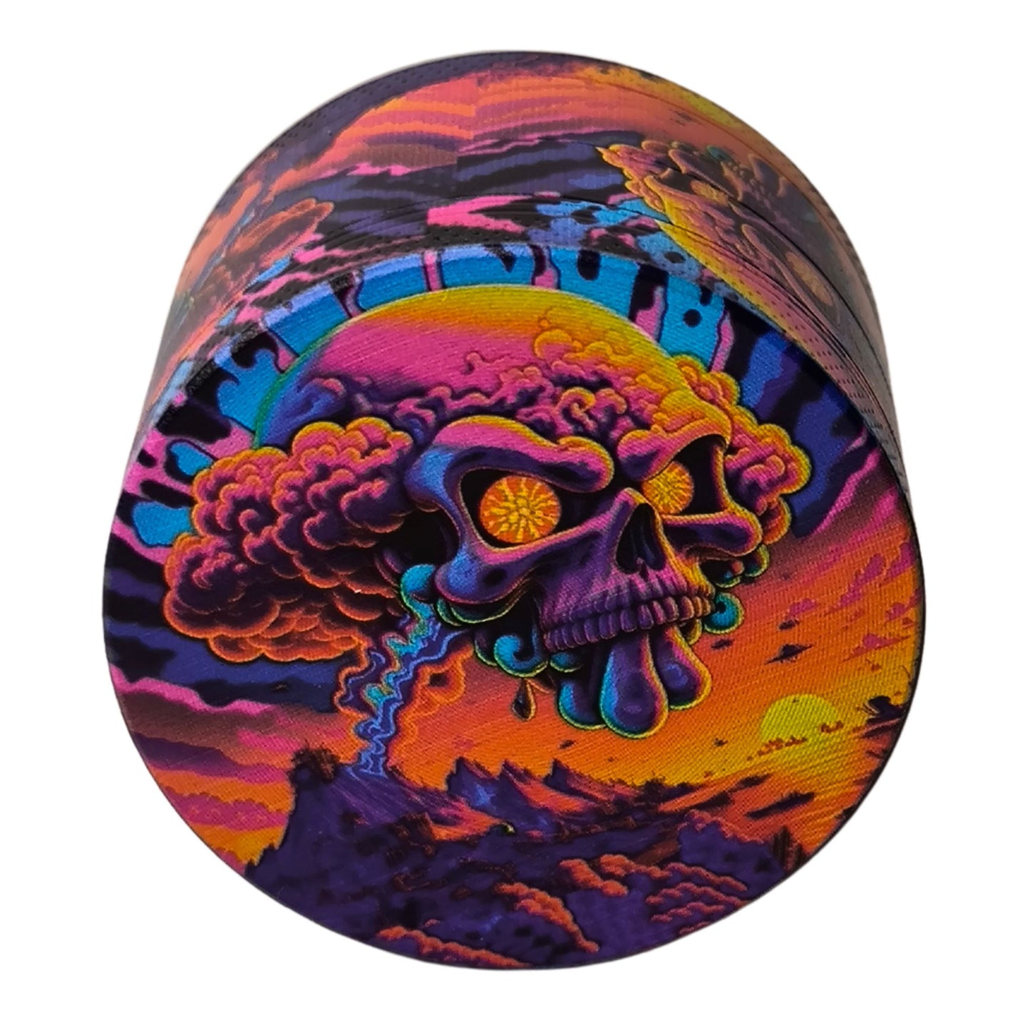 Grinder "Blow Ya Mind" 50mm mit psychedelischem Schädel-Design – Deckelansicht