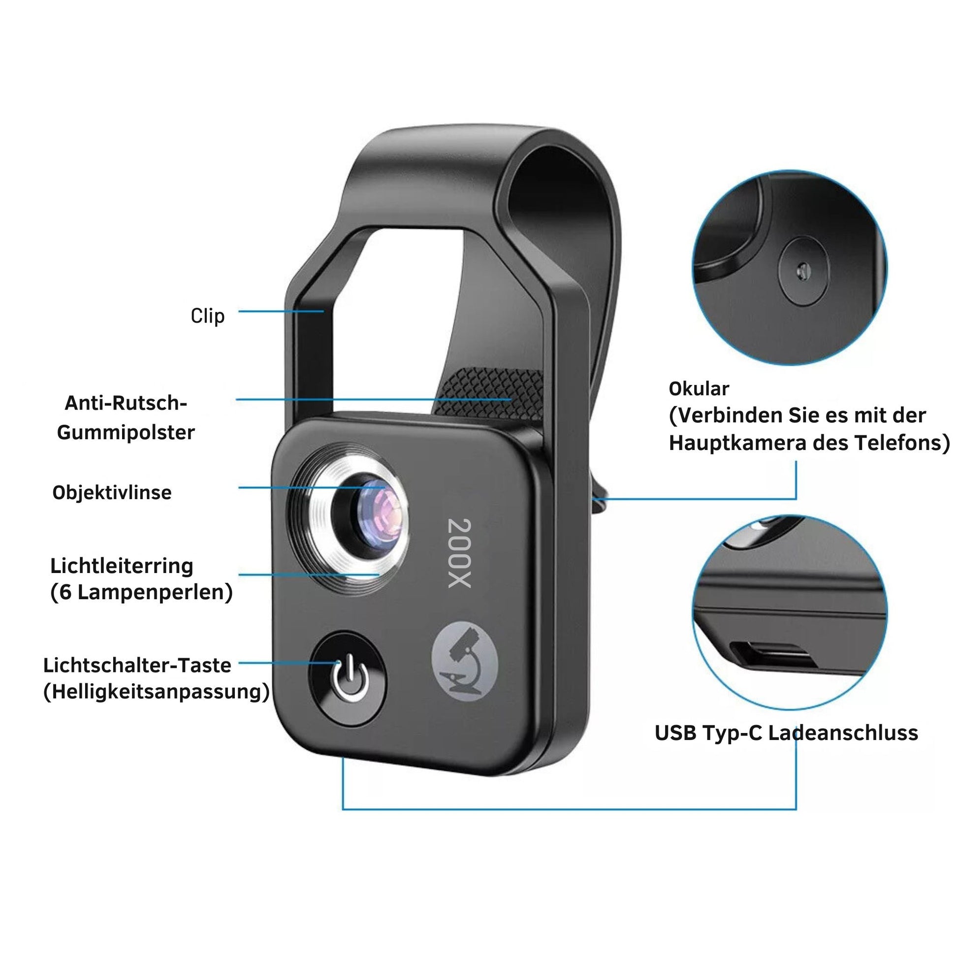 Technische Details des Mikroskops: Nahaufnahme mit Beschriftung der Objektivlinse, LED-Beleuchtung, CPL-Filter und USB-C Ladeanschluss.