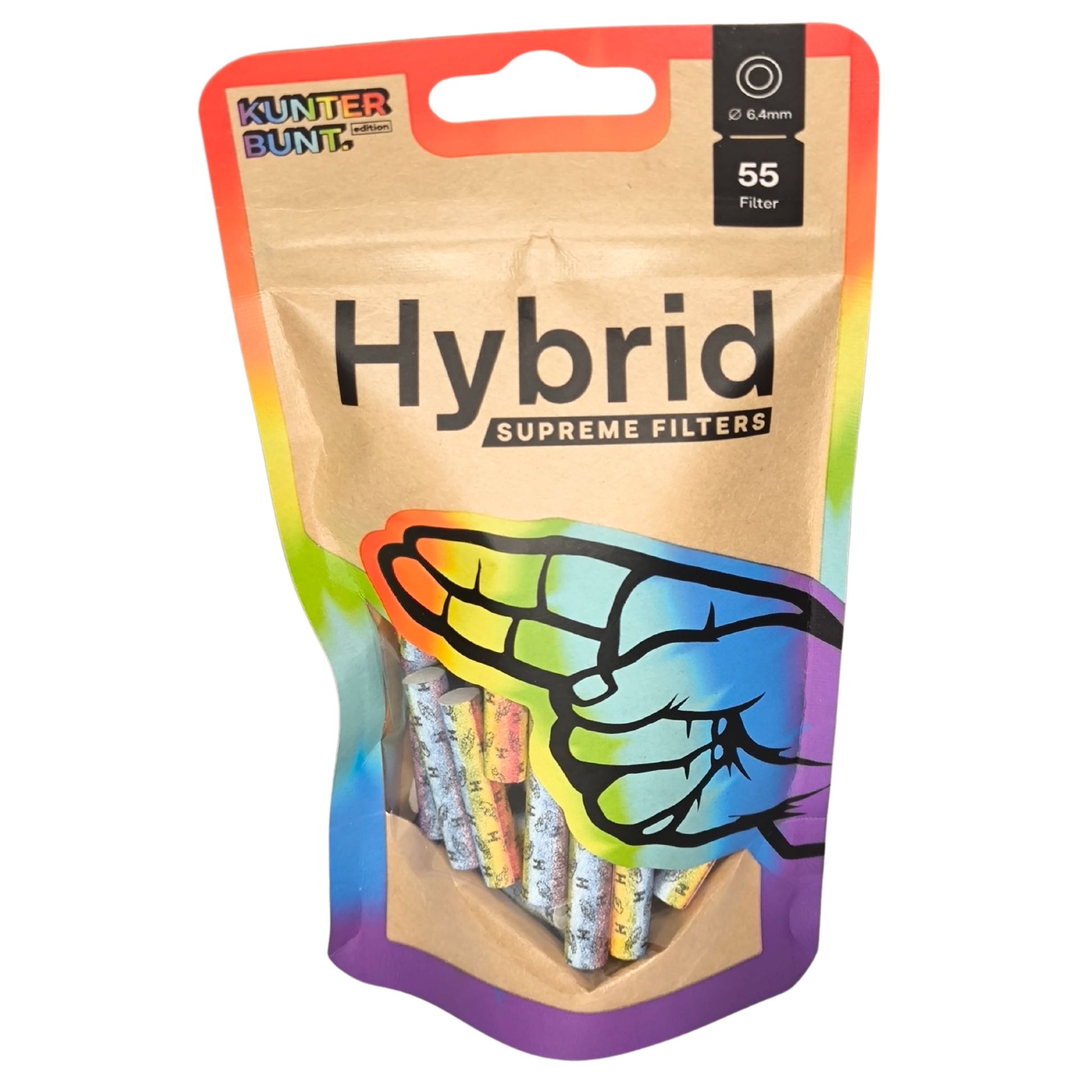 Vorderseite der Hybrid Supreme Filters Rainbow Edition. Zip-Tasche mit Regenbogenfarben, Sichtfenster zeigt die bunten Aktivkohlefilter. Enthält 55 Filter mit 6,4 mm Durchmesser.