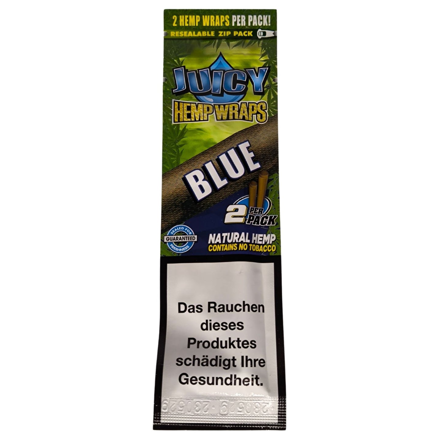 Juicy Blunts Blue (2 Stück) in einer wiederverschließbaren Zip-Tasche mit fruchtigem Blaubeer- & Brombeeraroma. 100 % natürlicher Hanf, tabakfrei.