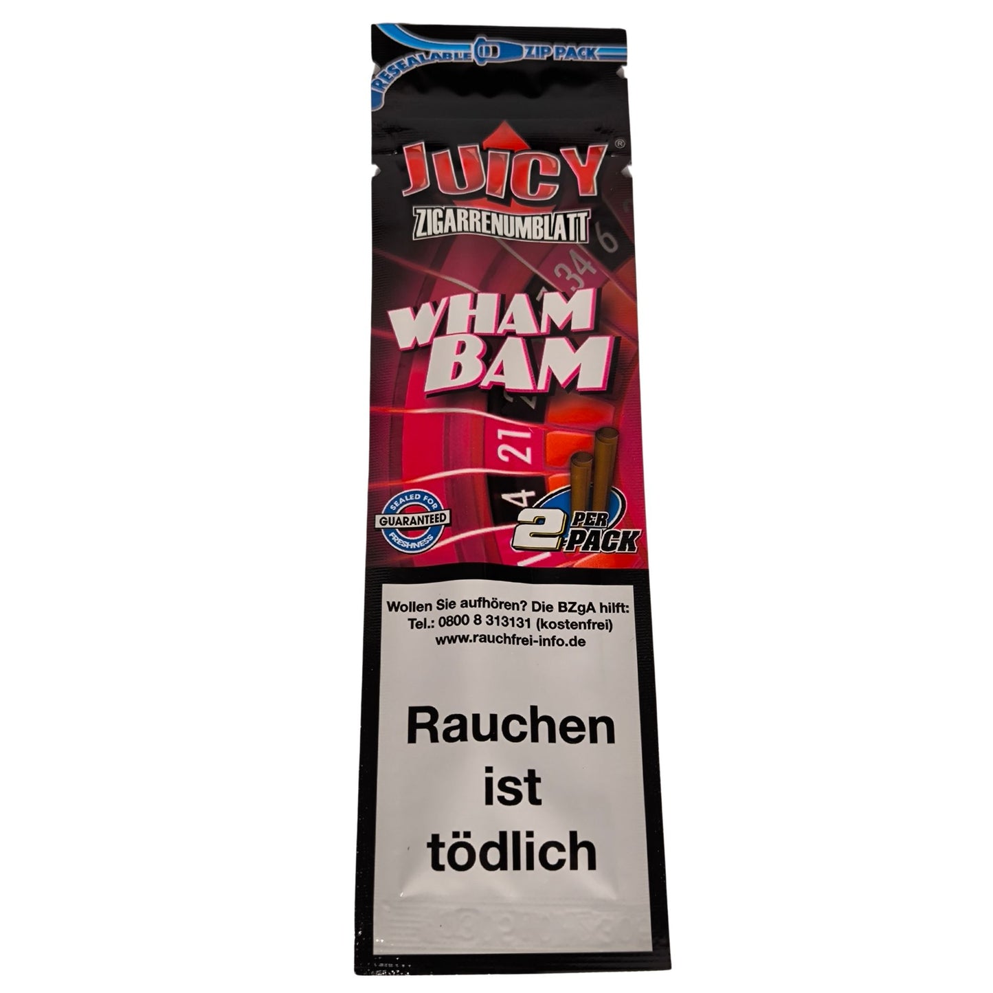 erpackung der Juicy Blunts Wham Bam mit 2 Blunts pro Packung, wiederverschließbarer Zip-Pack, Geschmacksrichtung aufgedruckt.