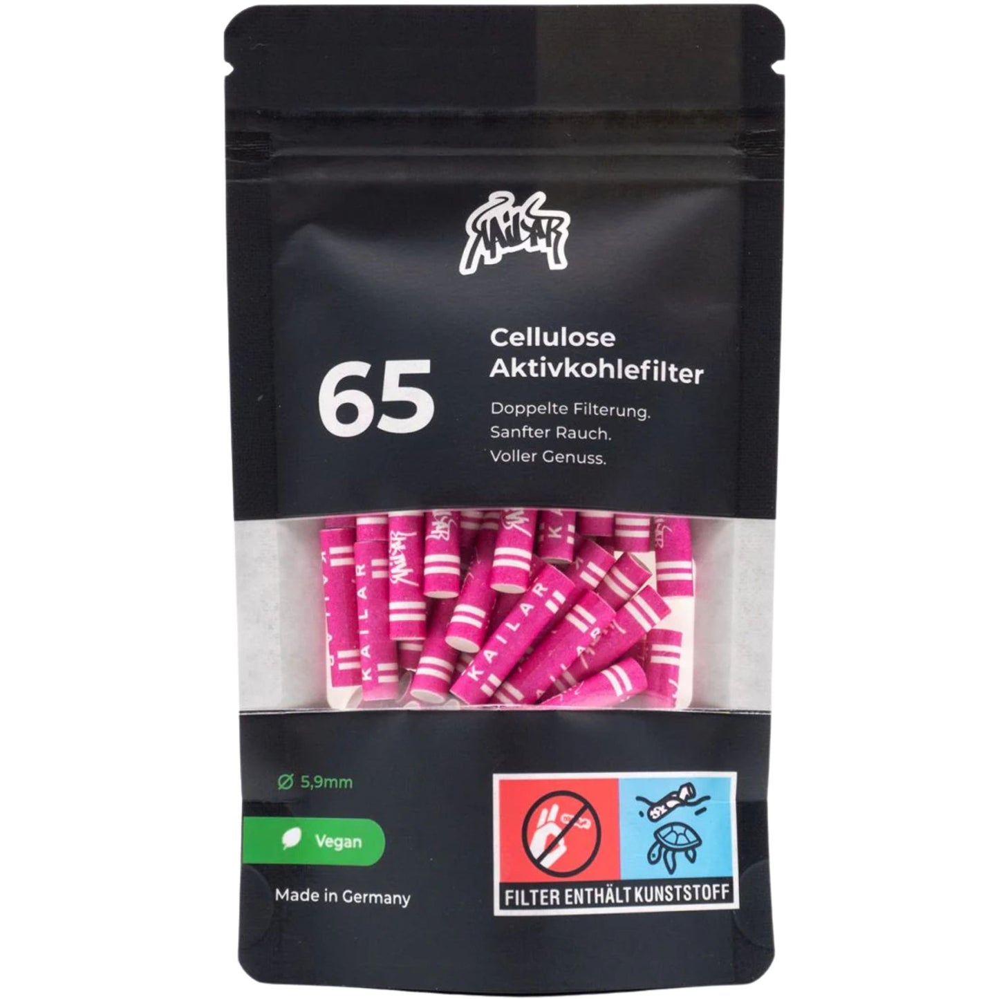 Pinkfarbene Kailar Aktivkohlefilter Slim Size (5,9mm Durchmesser) lose im Beutel, mit Logos bedruckt, für Selbstgedrehte.