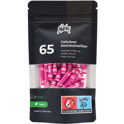 Pinkfarbene Kailar Aktivkohlefilter Slim Size (5,9mm Durchmesser) lose im Beutel, mit Logos bedruckt, für Selbstgedrehte.