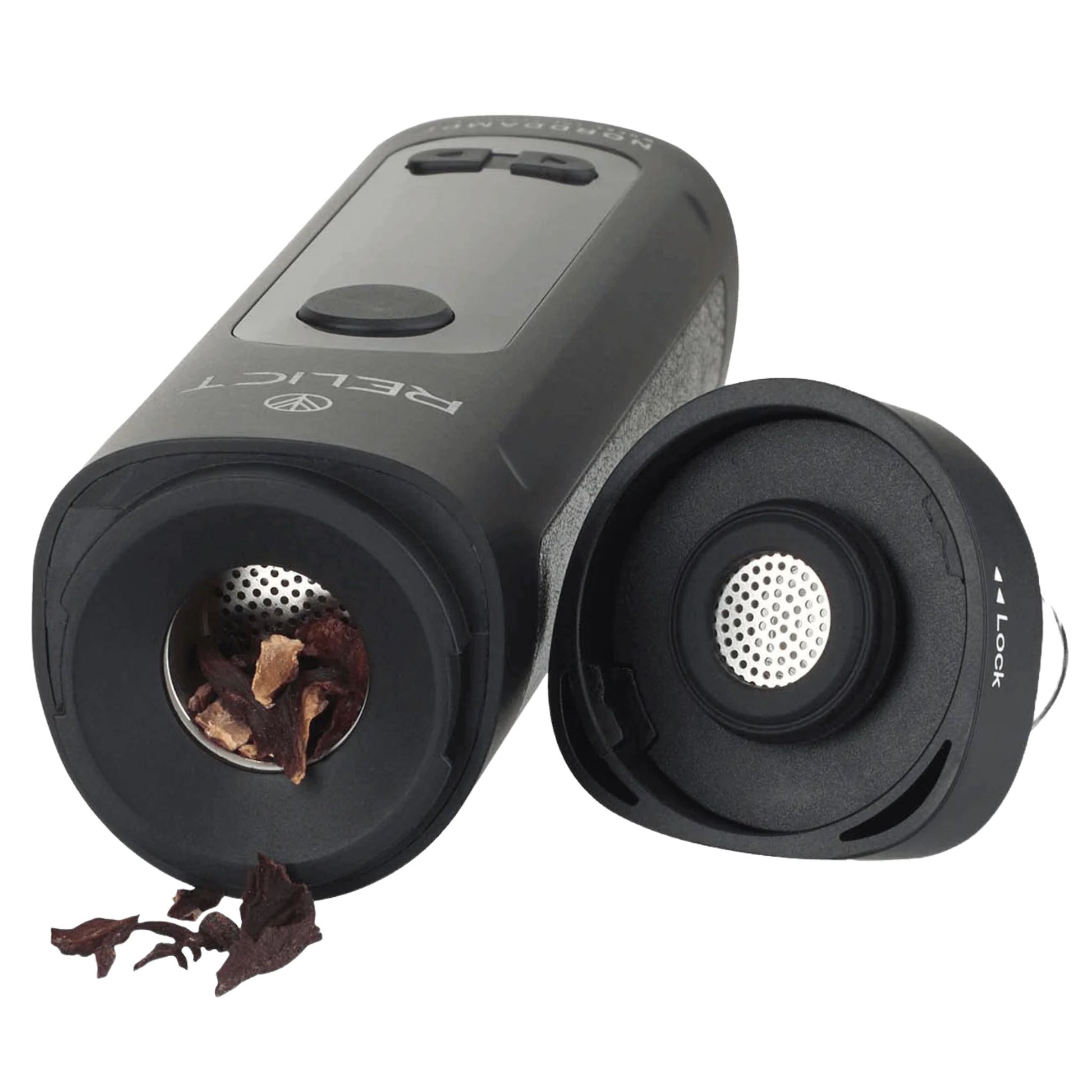 Geöffneter Norddampf Relict Vaporizer mit sichtbarer Heizkammer und befülltem Materialeinsatz