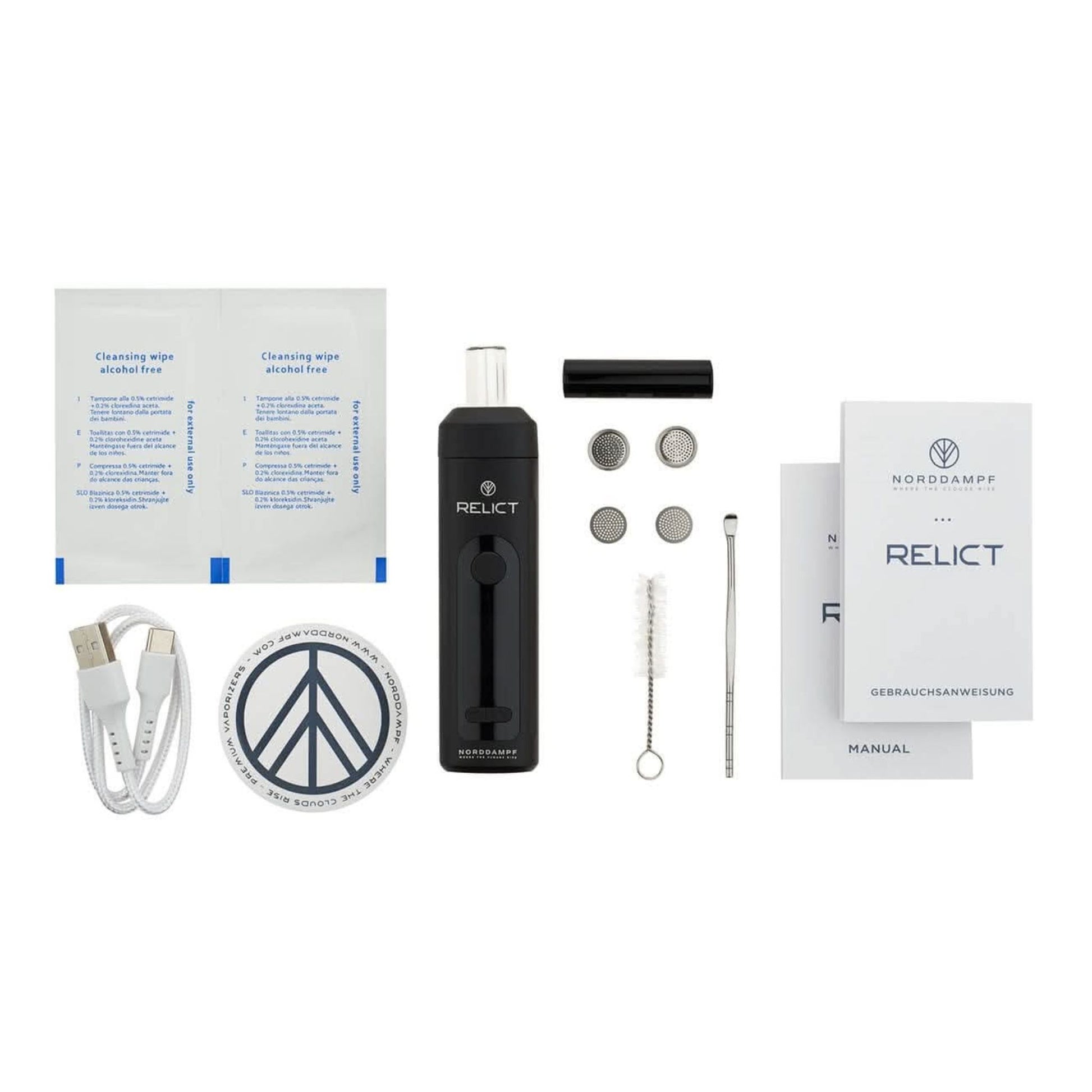 Komplettes Zubehörset des Norddampf Relict Vaporizers inklusive USB-Kabel, Reinigungswerkzeug, Siebe und Bedienungsanleitung
