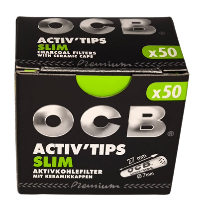 Verpackung der OCB Activ Tips Slim Aktivkohlefilter, schwarze Box mit silbernem OCB-Logo, grünem "Slim"-Schriftzug & Angabe von 50 Filtern pro Packung.