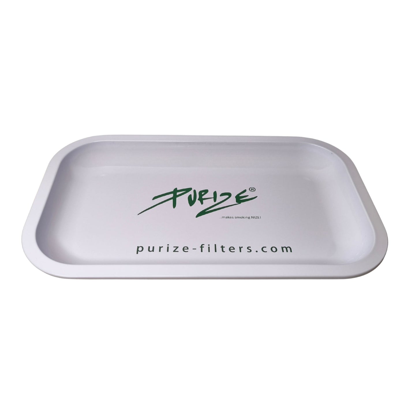 Purize Rolling Tray weiß 27 × 16 cm – Metall Drehunterlage mit Logo