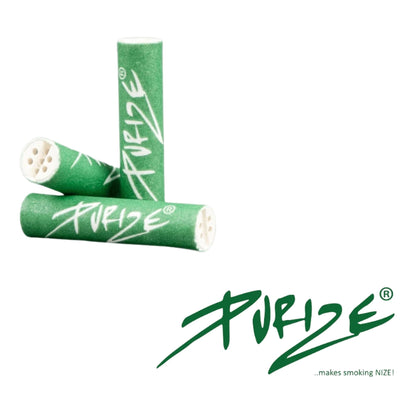 Drei PURIZE® XTRA Slim Aktivkohlefilter in Grün mit weißem Logo, beidseitige Keramikkappen für einfaches Eindrehen.