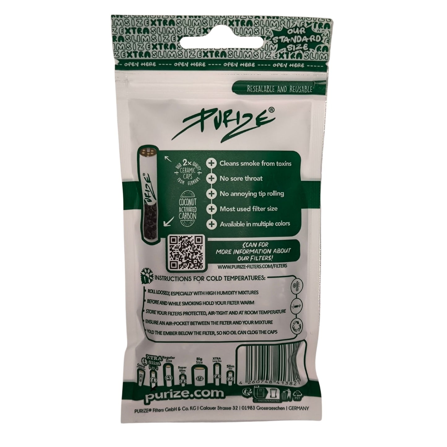 Rückseite der PURIZE® XTRA Slim Aktivkohlefilter-Packung mit Produktinformationen, QR-Code und Anwendungshinweisen.