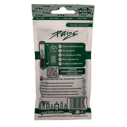 Rückseite der PURIZE® XTRA Slim Aktivkohlefilter-Packung mit Produktinformationen, QR-Code und Anwendungshinweisen.