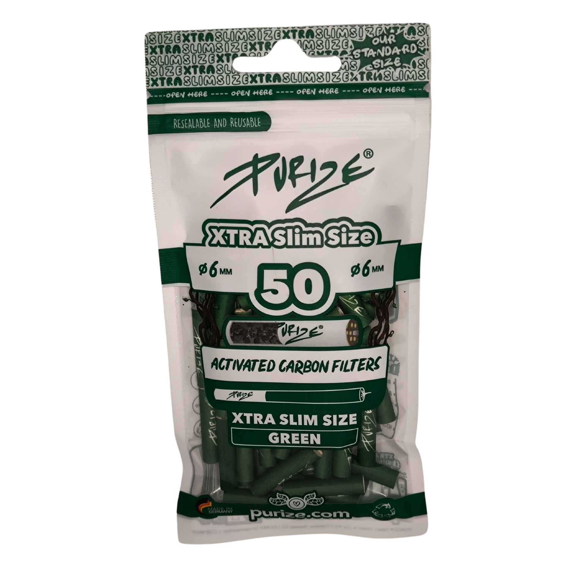 Packung der PURIZE® XTRA Slim Size Aktivkohlefilter in Grün, 50 Stück, wiederverschließbarer Beutel mit transparentem Sichtfenster.