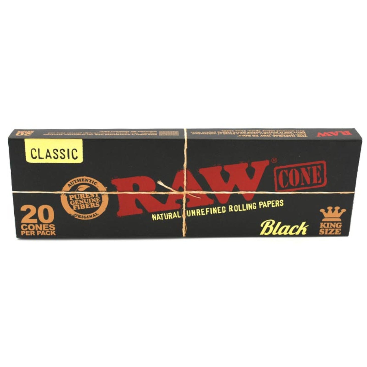 Geschlossene Verpackung der RAW Black Cones King Size. Stilvolle schwarze Box mit rotem und goldfarbenem RAW-Branding, klassischem Design und der Aufschrift „20 Cones per Pack“. Ideal für Liebhaber von natürlichen und hochwertigen Rauchutensilien.