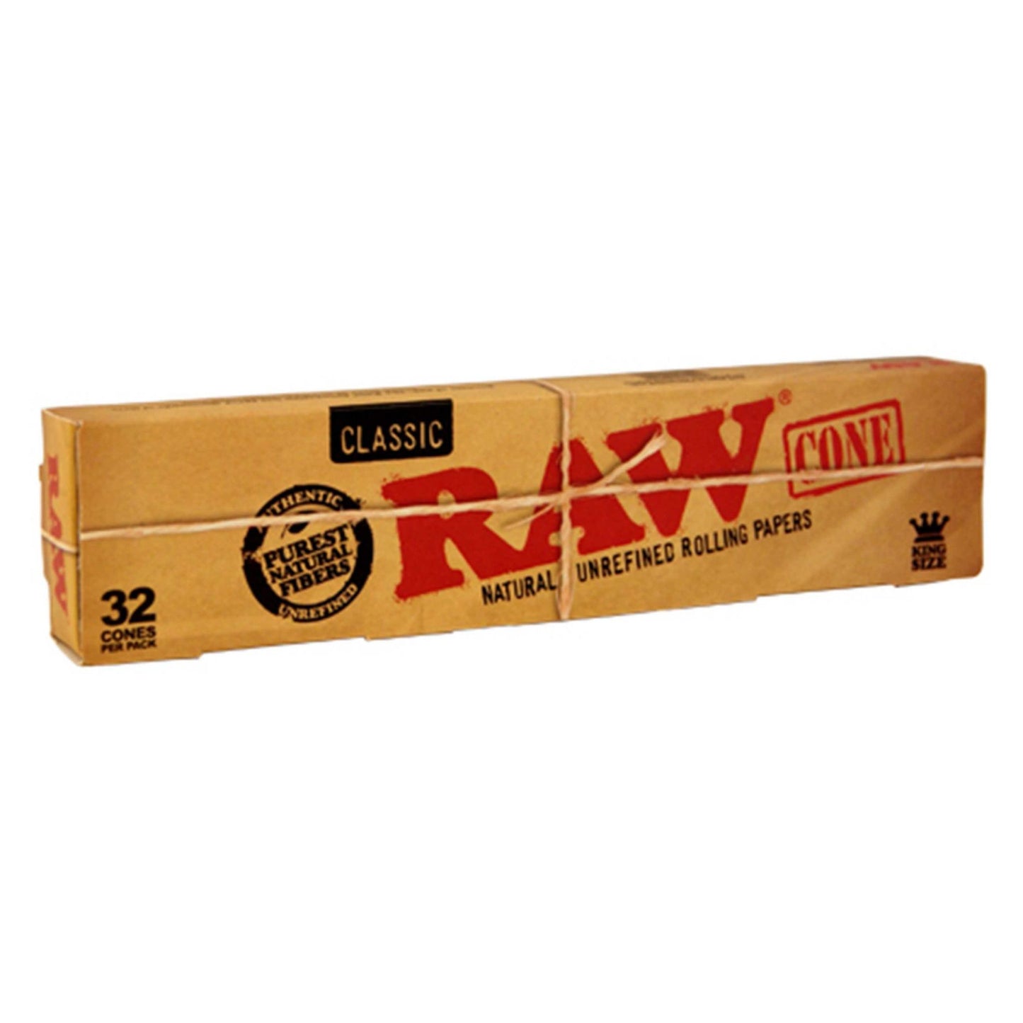 Geschlossene Verpackung der RAW Cones King Size. Stilvolle braune Box mit klassischem RAW-Branding, natürlichem Design und der Aufschrift „32 Cones per Pack“. Ideal für Liebhaber von hochwertigen Rauchutensilien.