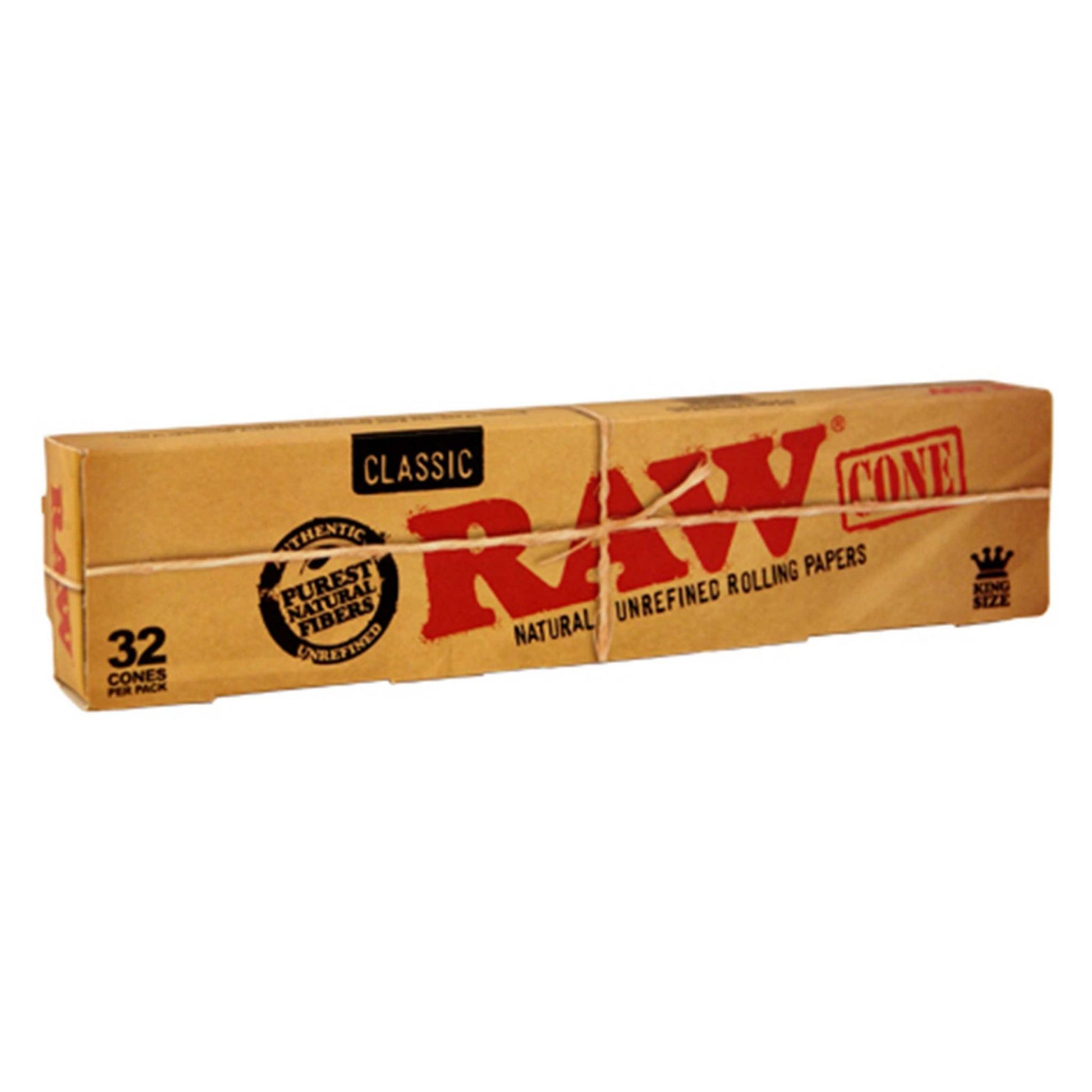 Geschlossene Verpackung der RAW Cones King Size. Stilvolle braune Box mit klassischem RAW-Branding, natürlichem Design und der Aufschrift „32 Cones per Pack“. Ideal für Liebhaber von hochwertigen Rauchutensilien.