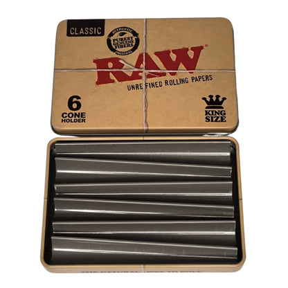 Geöffnete RAW Classic Jointdose aus Metall mit 6 Fächern zur geschützten Lagerung von King Size Cones. Innen metallisch glänzend.