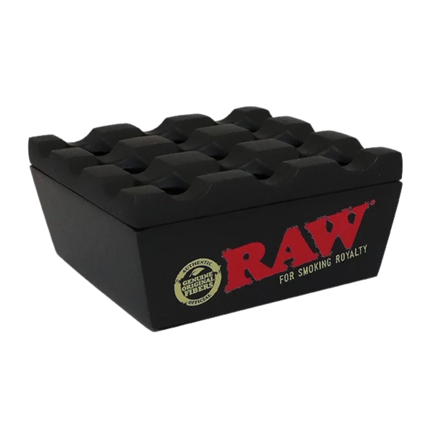 RAW Regal Aschenbecher in geschlossener Form mit eingeprägtem RAW-Logo. Perfekt für stilbewusstes Rauchen mit Schutz vor Wind.