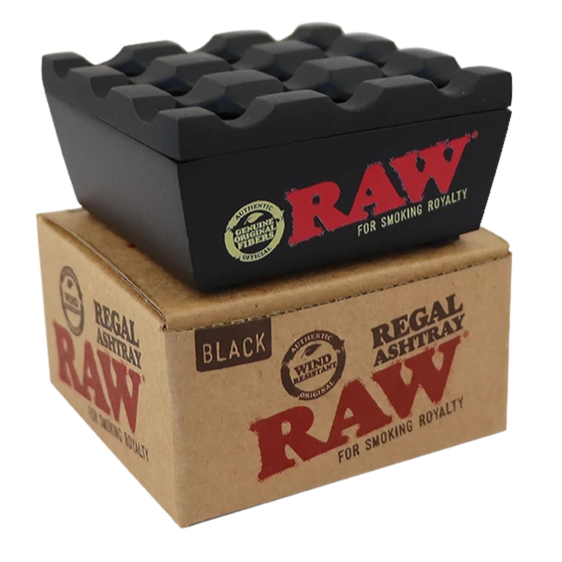 RAW Regal Aschenbecher auf seiner Originalverpackung. Box mit RAW-Branding und Windschutz-Hinweis. Hochwertiger, stabiler Aschenbecher für den Innen- und Außenbereich.