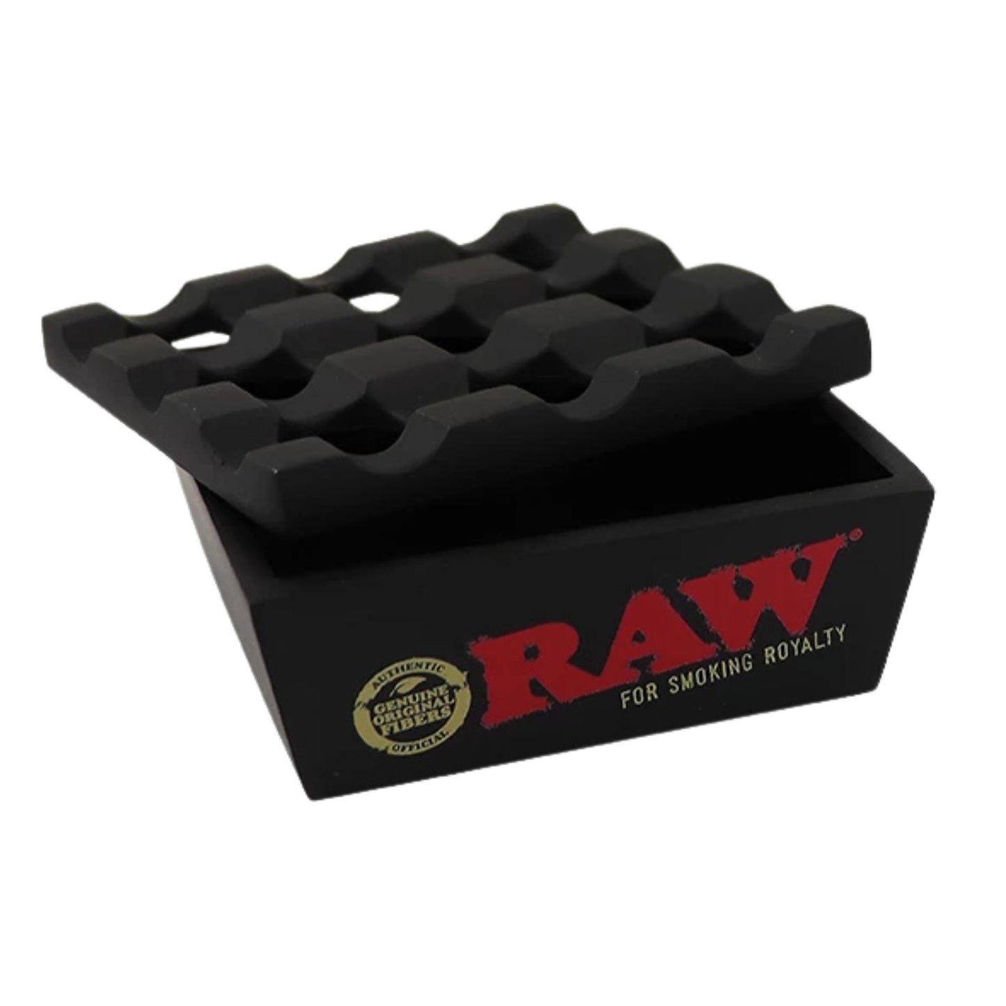  Schwarzer RAW Regal Aschenbecher mit abnehmbarem Deckel und eingelassenen Mulden für Joints oder Zigaretten. Windgeschützt und aus hochwertigem Material gefertigt.