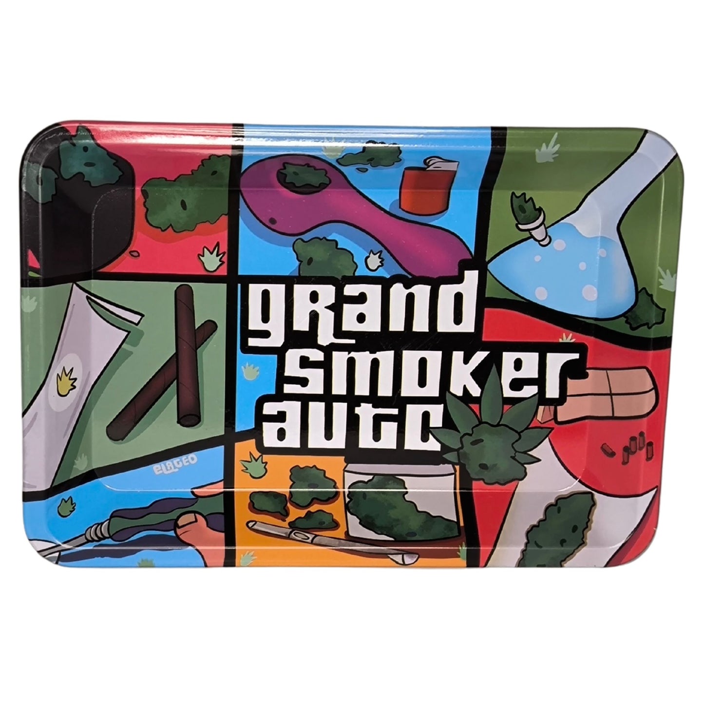 Metall-Rolling Tray im Grand Smoker Auto-Design – inspiriert von einem beliebten Videospiel. Kompakt (18 x 12,5 cm), robust & leicht.