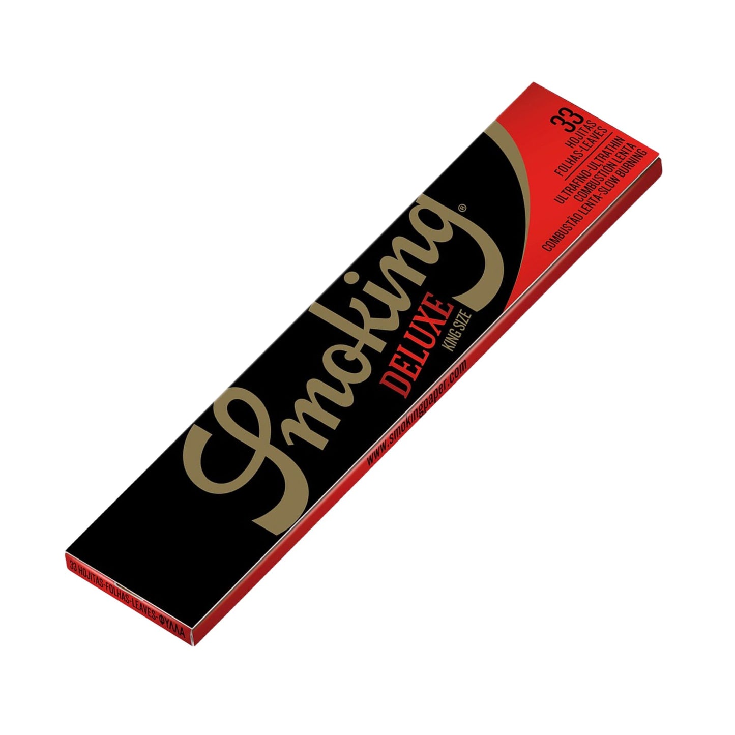 Hochwertige Smoking Deluxe King Size Blättchen in edler schwarzer Verpackung mit goldener Schrift. Extra dünnes Papier für langsames Abbrennen.
