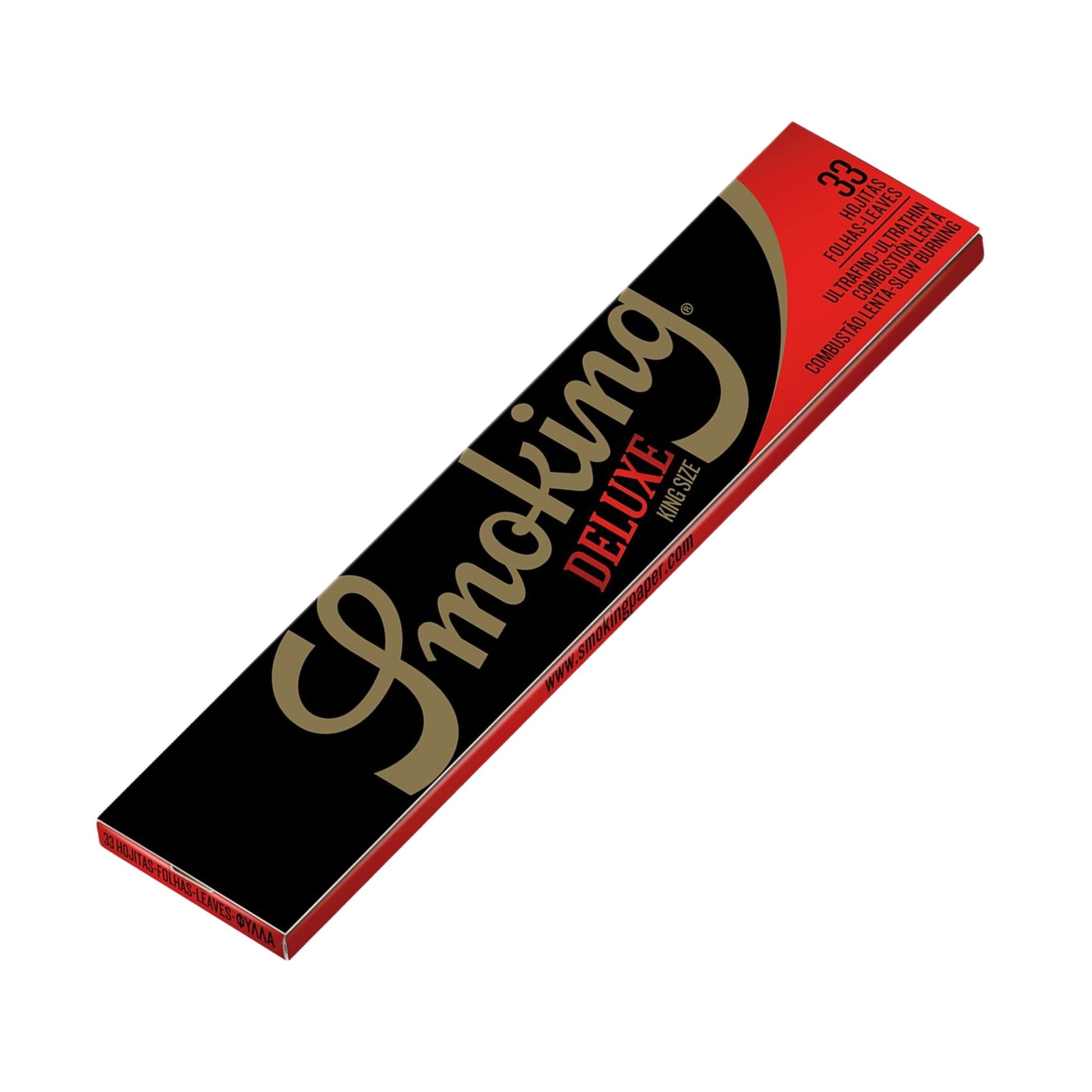 Hochwertige Smoking Deluxe King Size Blättchen in edler schwarzer Verpackung mit goldener Schrift. Extra dünnes Papier für langsames Abbrennen.