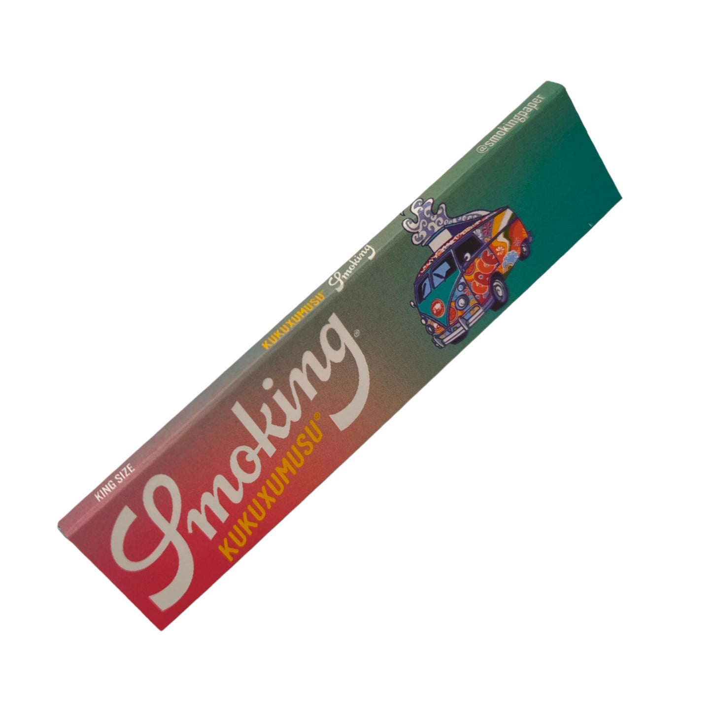 Smoking Kukuxumusu Longpapers mit Farbverlauf und Hippie-Bus-Motiv, schräg fotografiert auf weißem Hintergrund