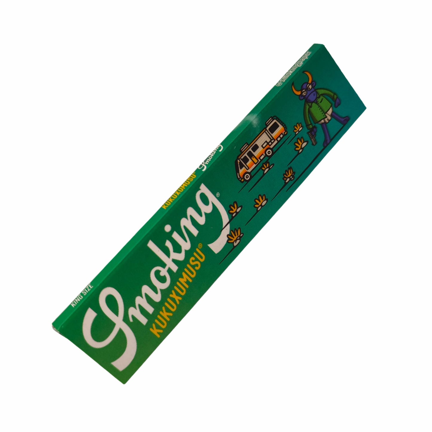 Smoking Kukuxumusu Longpapers mit grünem Van-Design, Cartoonfigur und Camper-Motiv auf Verpackung, schräg aufgenommen vor weißem Hintergrund