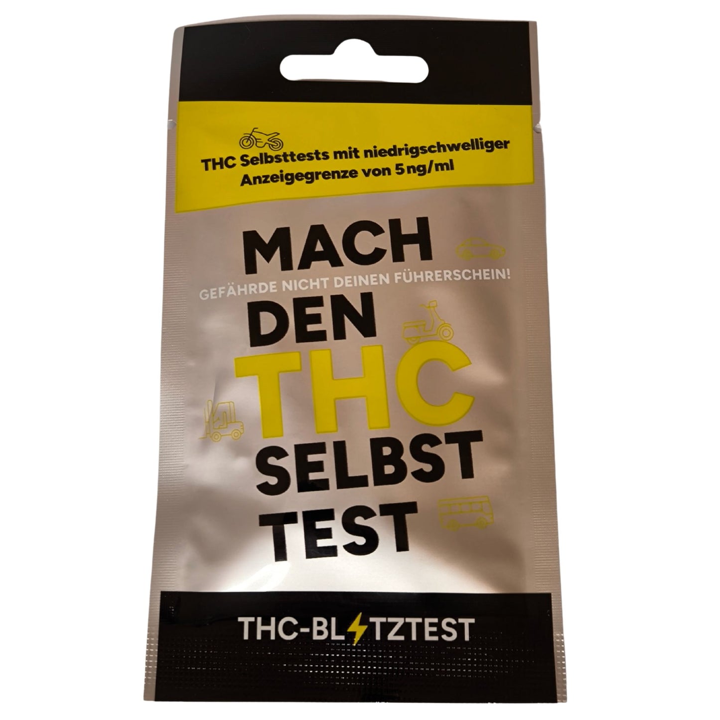 Vorderseite der THC-Blitztest-Verpackung in Silber und Schwarz mit gelben Akzenten. Aufschrift: „Mach den THC Selbsttest“ mit niedrigschwelliger Anzeigegenze von 5 ng/ml.