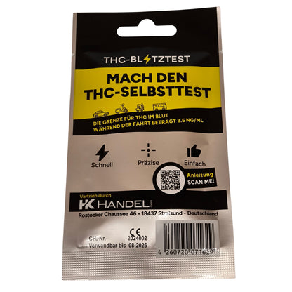 Rückseite der THC-Blitztest-Verpackung mit Informationen zur THC-Grenze von 3,5 ng/ml im Blut, sowie Piktogrammen für schnelle, präzise und einfache Anwendung. QR-Code für Anleitung enthalten.