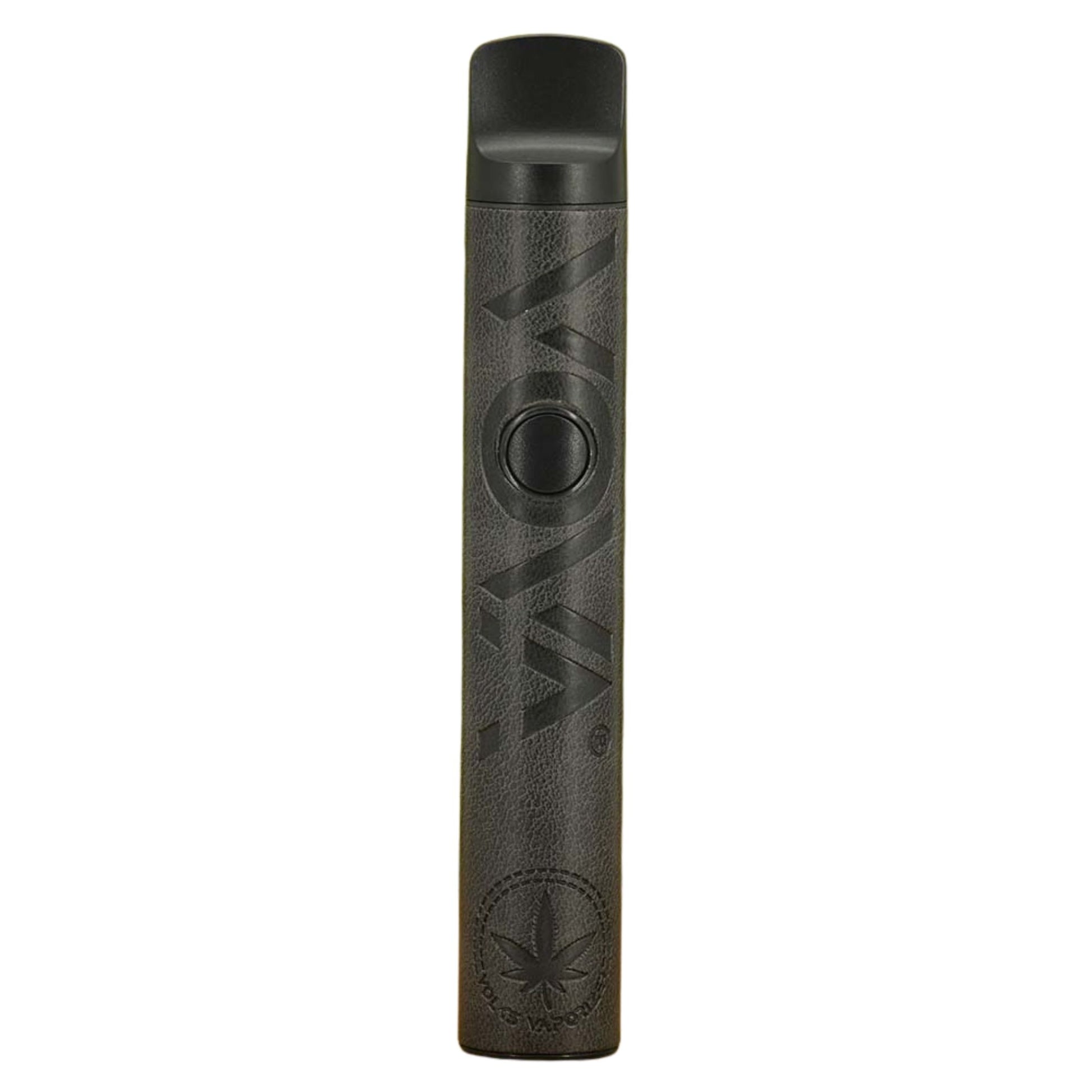 VOVA Vaporizer Black Leather – Vorderansicht des tragbaren Verdampfers in schwarzer Lederoptik mit Sicht auf den Power-Button und Logo-Prägung