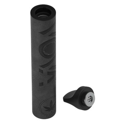 VOVA Vaporizer Black Leather geöffnet – tragbarer Kräuterverdampfer mit abgenommenem Mundstück und sichtbarer Heizkammer, frontal