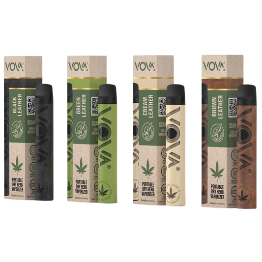 VOVA Vaporizer in vier Farben – Black, Green, Cream und Brown veganes Kunstleder – mit Verpackung, tragbarer Kräuterverdampfer