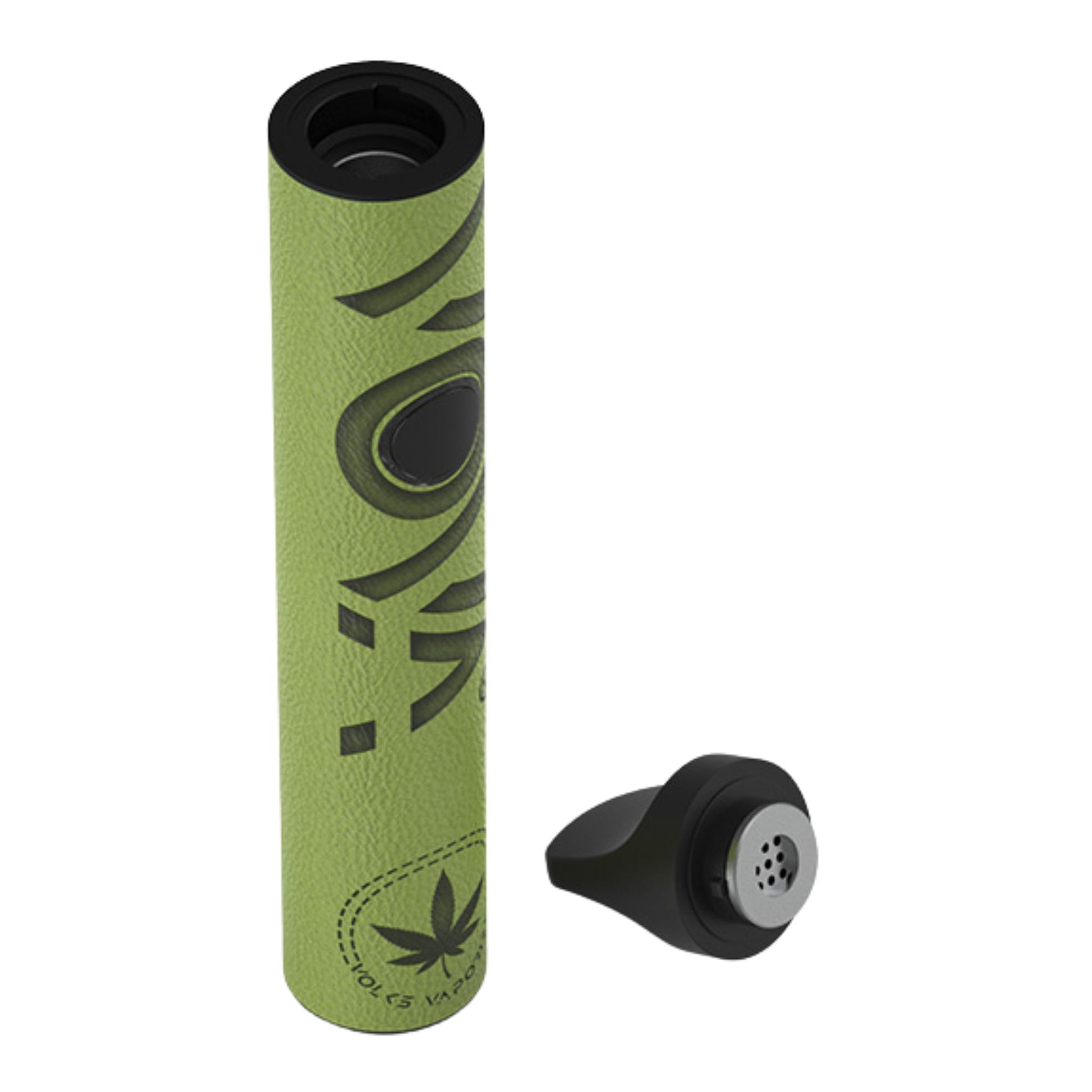 VOVA Vaporizer Green Leather – Ansicht des geöffneten Verdampfers mit abgenommenem Mundstück, Fokus auf Heizkammer und Lederoptik