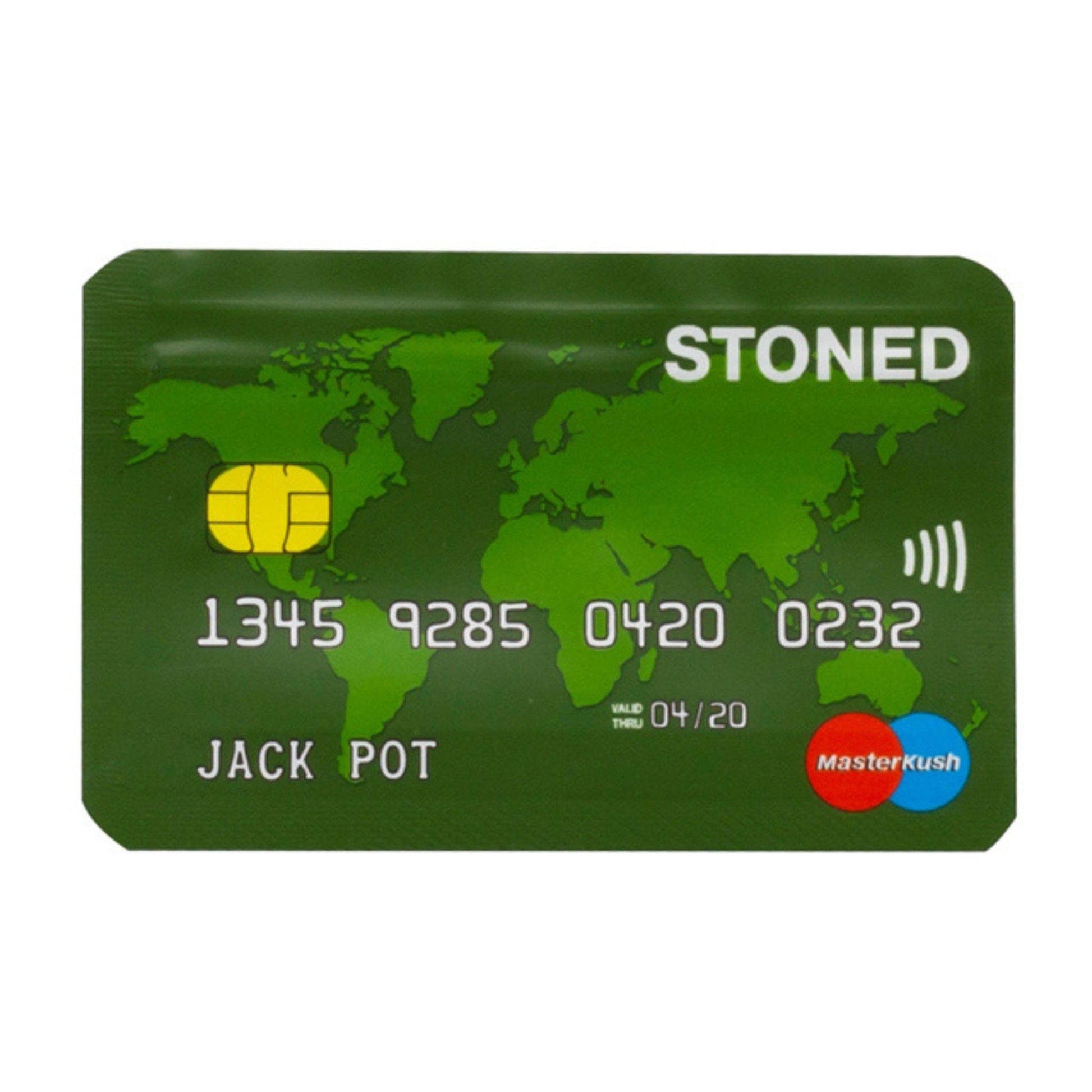 Vorderseite der Zip Bag, mit "Stoned"-Aufdruck im Kartenstil und wiederverschließbarem Zipper-Verschluss.