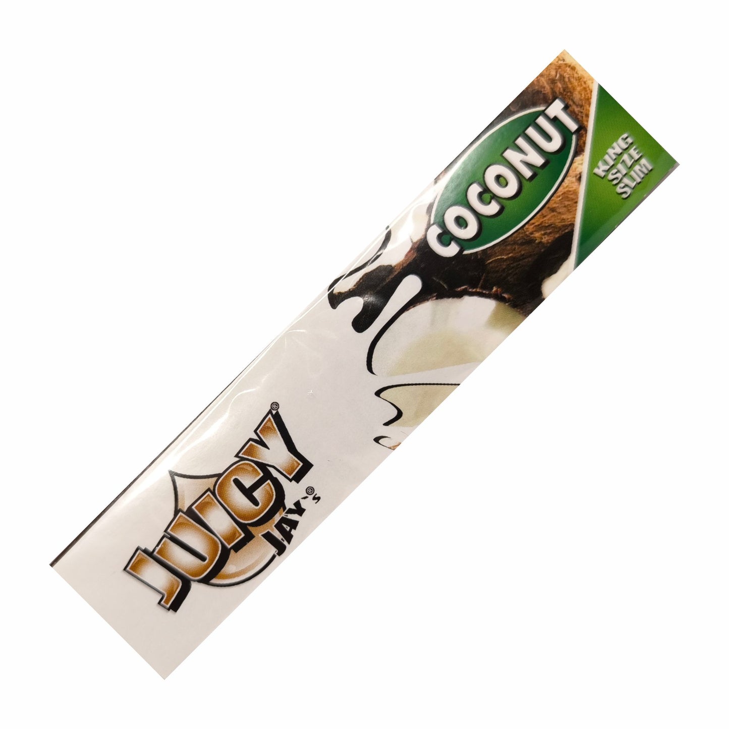 Juicy Jays King Size Slim Papers mit Kokosnuss-Aroma auf weißem Hintergrund