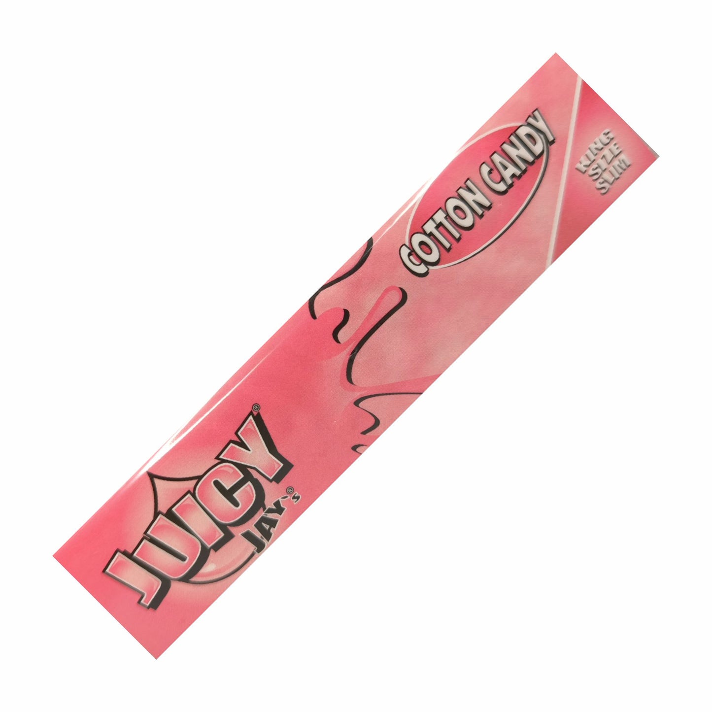 Juicy Jays King Size Slim Papers mit Zuckerwatten-Aroma auf weißem Hintergrund