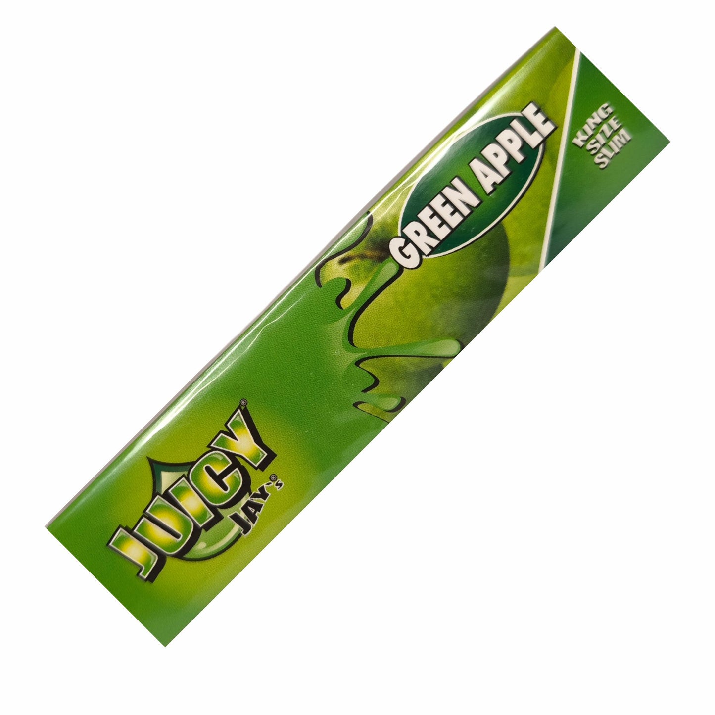 Juicy Jays King Size Slim Papers mit grünem Apfel-Aroma, aromatisierte Longpapers auf weißem Hintergrund