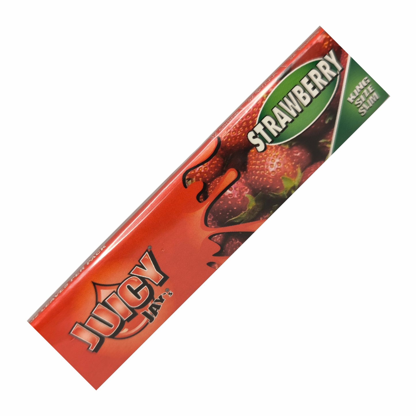 Juicy Jays King Size Slim Papers mit Erdbeer-Aroma auf weißem Hintergrund