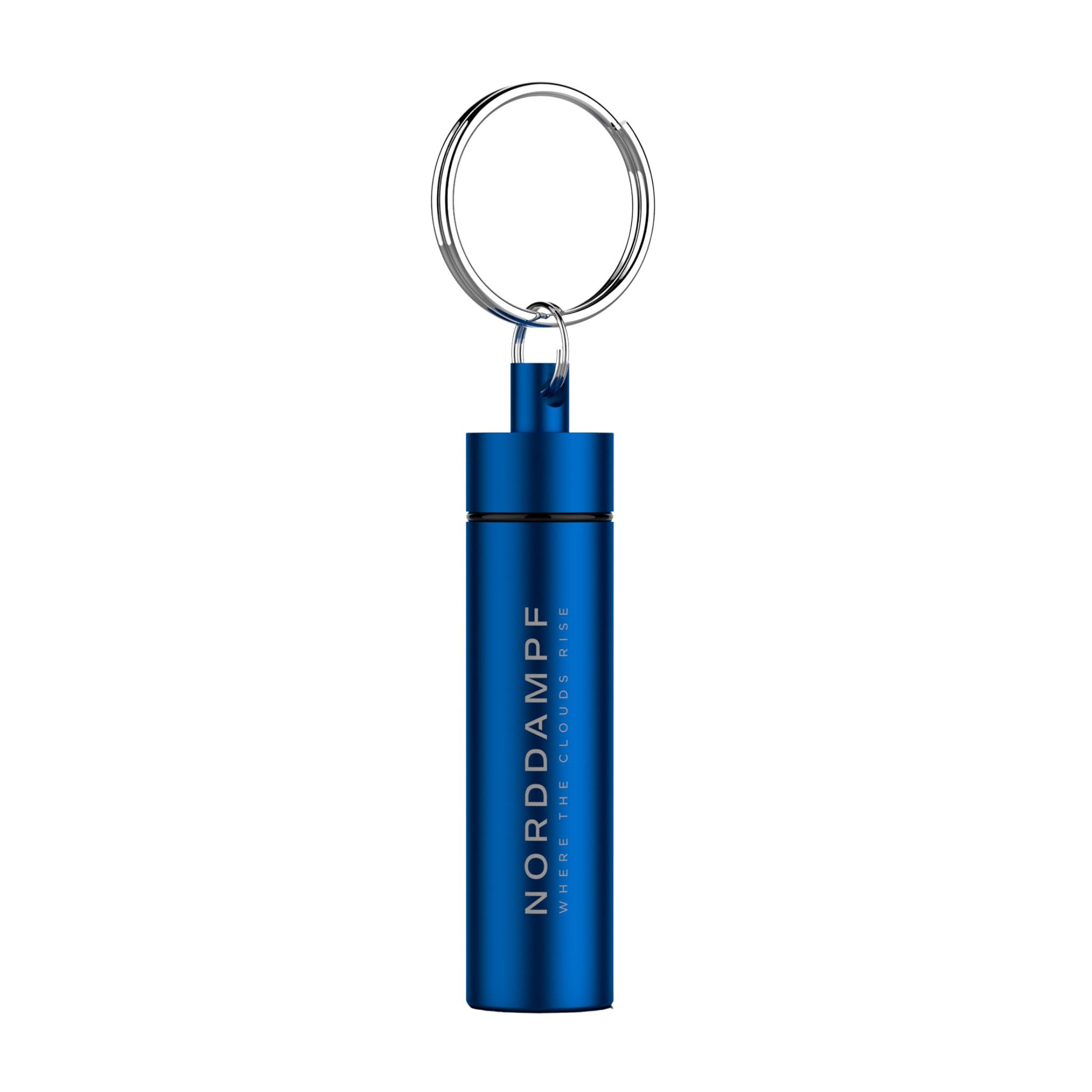 Norddampf Capsule Caddy in Blau, zylindrisch mit Schlüsselring, frontal freigestellt fotografiert.